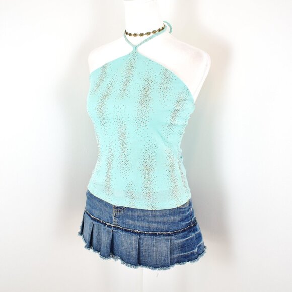 Vintage 00s Y2K Blue Glitter High Neck Tie-Up Halter Tank Top Size Juniors Large - Picture 2 of 5